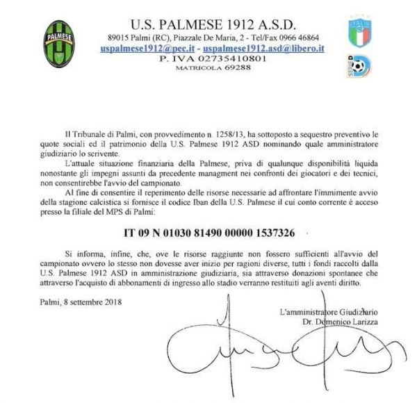 Palmese 1912, si cerca il salvataggio